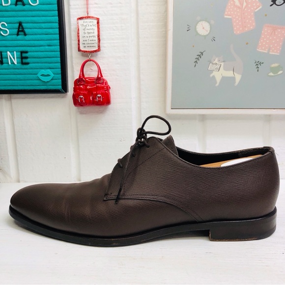 Prada Saffiano Mens Derby Oxford Luxury Leather Brown Lace Ups Size 9.5 - Picture 4 of 15